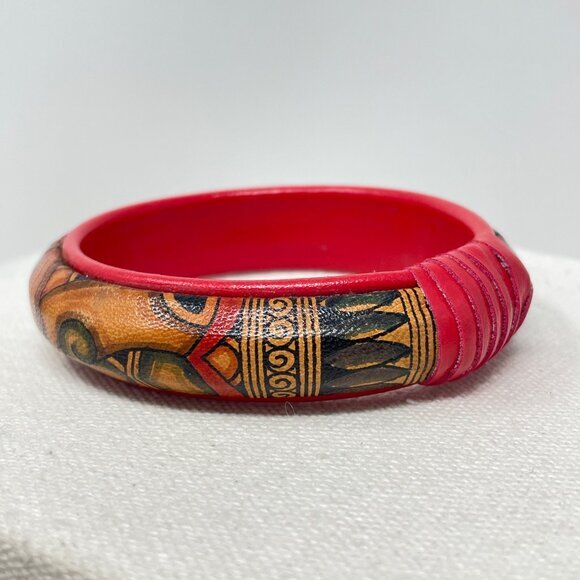 Hand Painted Tribal Leather Face Bangle‎ Bracelet Native American Northwest - Picture 9 of 9